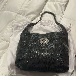 BRIGHTON | Medallion Black Snakeskin Print Leather Large Hobo Bag - RETIRED